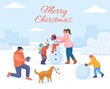 Family making snowman. Winter play people build christmas snow man, happy children with dog outdoor playing snowballs xmas card new year background cartoon swanky vector illustration