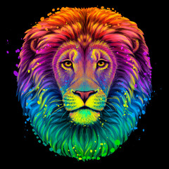 Wall Mural - Lion. Abstract, multi-colored, neon portrait of a lion's head on a on a black background with splashes of watercolor in pop-art style. Digital vector graphics.