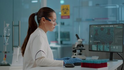 Wall Mural - chemist with protective goggles and gloves working on computer to analyze dna animation for biology 