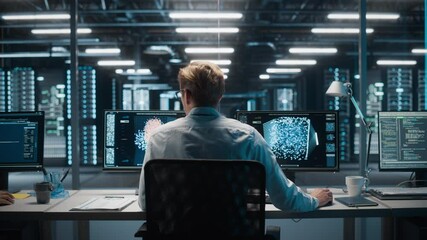 Poster - High-Tech Data Center Server Control: IT Specialist Administrator Working on Computer, Screen Advanced Showing Big Data AI Analysis. Web Services, Cloud Computing, Analytics Facility, Cyber Security