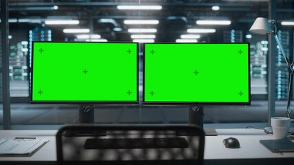 Poster - High-Tech Data Center Server with Two Green Screen Chroma Key Display Showing on Personal Computer Standing on a Desk. Concept of Modern Monitoring Web Services, Cloud Computing, Cyber Security