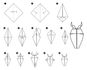 Aufkleber - Step by step instructions how to make origami stag beetle. Simple monochrome black line DIY tutorial isolated on white.