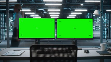 Poster - High-Tech Data Center Server with Two Green Screen Chroma Key Display Showing on Personal Computer Standing on a Desk. Concept of Modern Monitoring Web Services, Cloud Computing, Cyber Security