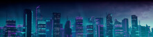 Cyberpunk City Skyline With Purple And Cyan Neon Lights. Night Scene With Advanced Skyscrapers.