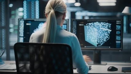 Aufkleber - Female Information Technology Specialist and Data Center Administrator Working on Personal Computer, Monitoring Web Services, SAAS, Cloud Computing Facility, Performing Maintenance and Cyber Security