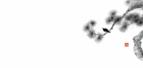 Pine tree and little bird on white background. Traditional oriental ink painting sumi-e, u-sin, go-hua. Translation of hieroglyph - well-being