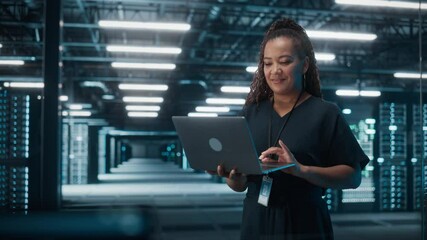 Poster - Portrait of Successful African American Female IT Specialist Using Laptop, Standing in Data Center. System Administrator Works on Web Services. Cloud Computing, Server Analytics, Cyber Security