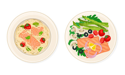 Wall Mural - Top view of seafood dishes set. Salmon fish with pasta, mushrooms and vegetables served on plates vector illustration