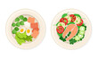 Top view of seafood dishes set. Salmon fish served on plates with vegetables vector illustration