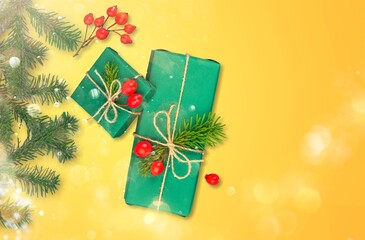 Canvas Print - Craft envelop with a spruce branch on a yellow background. Letter to Santa Claus. Beautiful Christmas background.