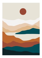 Wall Mural - abstract mountain landscape poster. minimalist contemporary background sun moon, wall art for print.