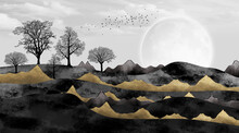 3d Modern Canvas Art Mural Wallpaper With Black Trees And Light Gray Background. Golden And Black Mountains, White Sun With Birds. For Use As A Frame On Walls .	
