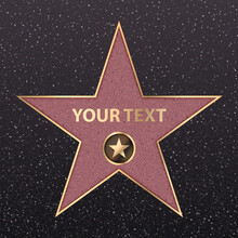 Hollywood Star On Celebrity Fame Of Walk Boukevard. Vector Symbol Star For Iconic Movie Actor Or Famous Actress Template. Gold Hollywood Star With Camera Sign On Black Floor Background With Texture