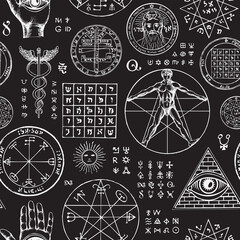 Abstract seamless pattern with hand-drawn vitruvian man, pentacle, all-seeing eye, caduceus, sun, moon, mystic and esoteric symbols on a black backdrop. Monochrome vector background in retro style