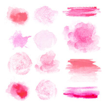 Watercolor Brush. Set Of Many Different Red And Pink Brush Stroke Textures For Design.  Spots On A White Background. Round, Rectangle, Strip.