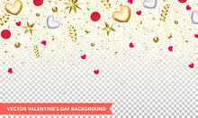 Valentines Day Of Hearts And Gold Glitter Confetti Or Flowers On Transparent Background. Vector Valentine Holiday Design Pattern Of Glittering Gold Stars And Hearts