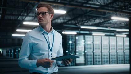 Fototapete - Successful Female IT Specialist Using Tablet Computer, Walking Through Big Warehouse Data Center. Computing Cloud Services Server. Successful e-Business Digital Entrepreneur. Handheld Following Shot