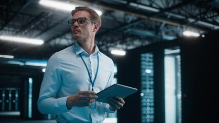 Leinwandbilder - White Male IT Specialist Using Tablet Computer in Data Center, Walking Through Big Server Warehouse. Computing Cloud Services Server. Successful e-Business Digital Entrepreneur. Handheld Following