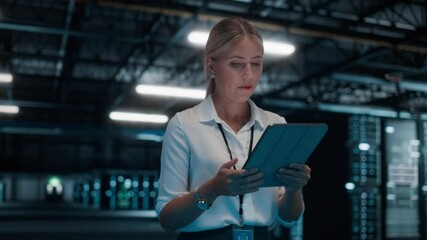 Aufkleber - Successful Female IT Specialist Using Tablet Computer, Walk Through Big Warehouse Data Center. System Administrator working with Computing SAAS, Cloud Services Server. e-Business Digital Entrepreneur