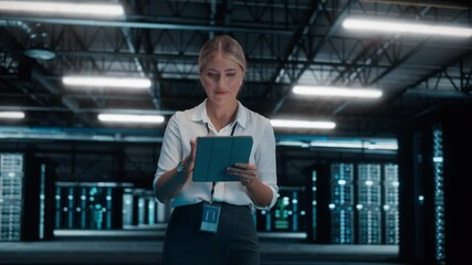 Aufkleber - Confident Female IT Specialist Using Tablet Computer, Walk Through Big Warehouse Data Center. System Administrator working with Computing SAAS, Cloud Web Services. e-Business Digital Entrepreneur
