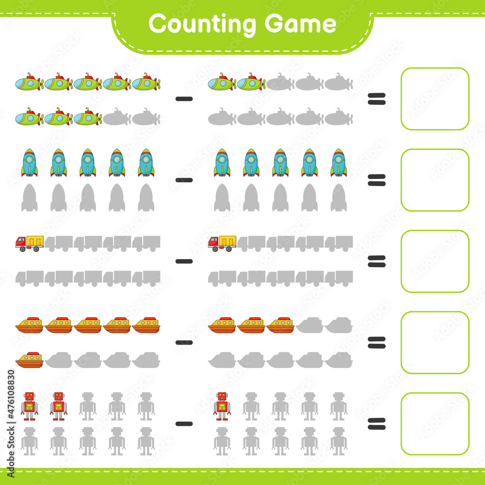 Count and match, count the number of Robot Character, Submarine, Rocket ...