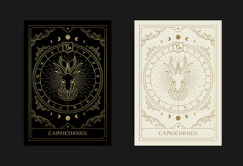 capricorn or sea goat in engraving, line style for zodiac symbol.