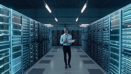 Fototapete - Futuristic Animated Concept: Big Data Center Chief Technology Officer Using Laptop Standing In Warehouse, Activates Servers, Information Digitalization Starts. SAAS, Cloud Computing, Web Service
