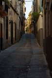 Fototapeta Uliczki - View of a narrow street with stone buildings in the old town of Plasencia at dawn, Caceres, Extremadura, Spain