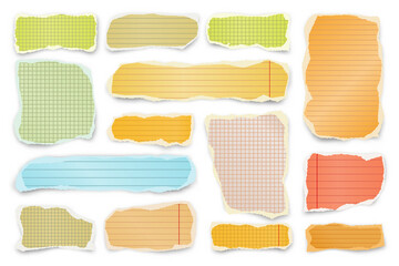 Wall Mural - Ripped colorful paper strips. Realistic crumpled paper scraps with torn edges. Lined shreds of notebook pages. Vector illustration.