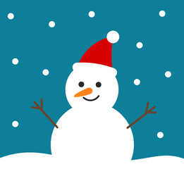 Wall Mural - happy snowman in santa hat in winter scenery.