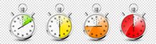 Realistic Classic Stopwatch Icons. Shiny Metal Chronometer, Time Counter With Dial. Red Countdown Timer Showing Minutes And Seconds. Time Measurement For Sport, Start And Finish. Vector Illustration