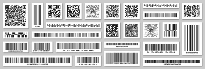 Set of product barcodes and QR codes. Identification tracking code. Serial number, product ID with digital information. Store or supermarket scan labels, price tag. Vector illustration.