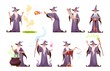 Magic character. Cartoon wizard performs various magical actions. Sorcerer in hat and robe. Fabulous old man with long white beard brews potion or casts spells. Vector magicians set