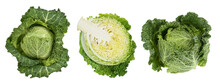 Savoy Cabbage With Half Isolated On White Background With Full Depth Of Field, Set Or Collection