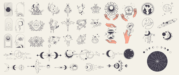 mystic vector items. doodle astrology style. doodle esoteric, boho mystical hand drawn elements. a s
