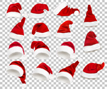 Mega Collection Of Red Santa Hats On Transparent Background. Vector.