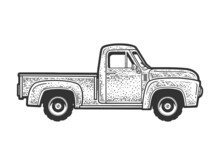 Vintage Farm Truck Car Sketch Engraving Vector Illustration. T-shirt Apparel Print Design. Scratch Board Imitation. Black And White Hand Drawn Image.