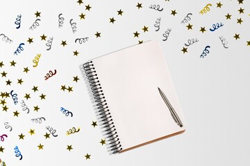 Canvas Print - New Year Plans. Notebook With Shiny Confetti. Motivation And Aspiration, Motivational Poster Concept