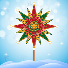 Vector Happy Ukrainian Christmas Traditional Ethnic Star On Snowy Winter Background. Vector Illustration