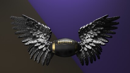 Black-gold american football with the metallic black wings under brown-purple plane background. 3D CG. 3D illustration. 3D high quality rendering.