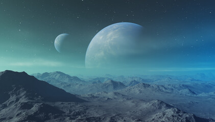 3d rendered Space Art: Alien Planet - A Fantasy Landscape with blue skies and stars