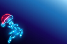 Christmas Background, Blue Neon Reindeer With Santa Hat, Vector Illustration.