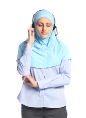 Wall Mural - Muslim secretary with headset on white background