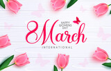 Fototapeta Tulipany - March 8 womens day vector background design. Happy women's day typography text with pink tulips flower element and butterfly pattern for woman celebration greeting. Vector illustration.
