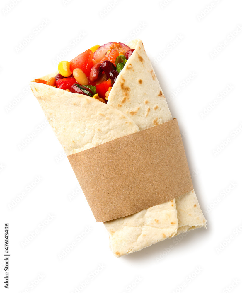 Tasty Mexican burrito with vegetables on white background