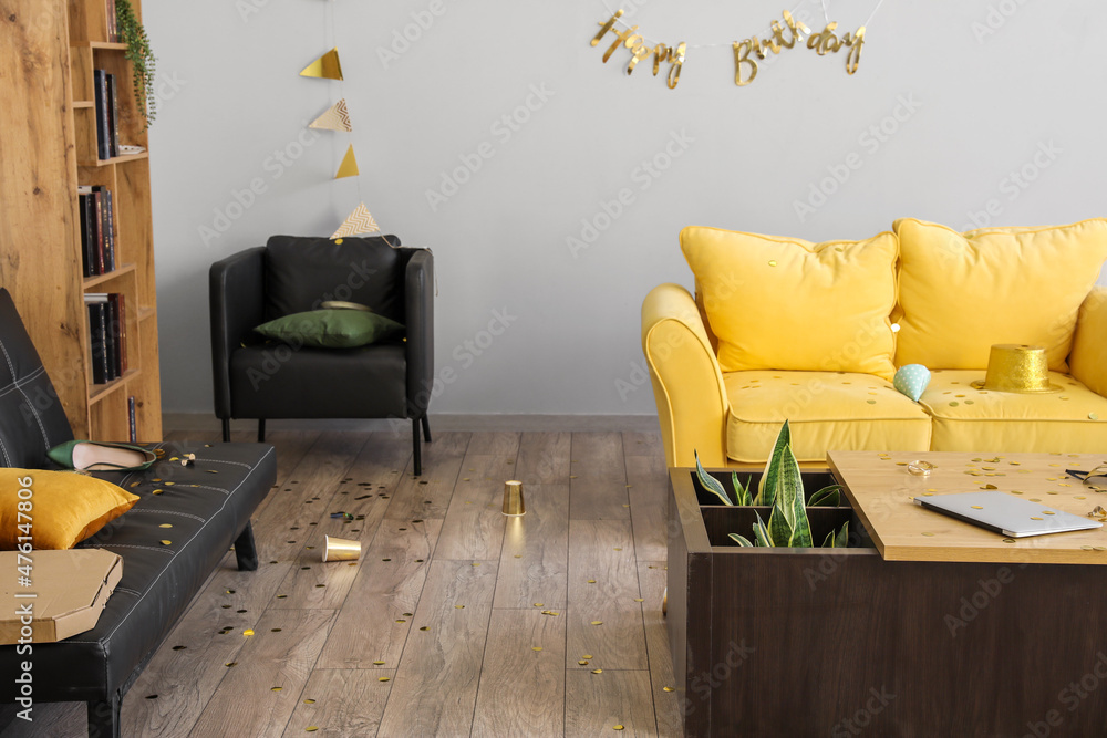 Interior of messy room after Birthday party