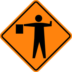 Flagger ahead sign. Road works ahead. Orange diamond background. Traffic signs and symbols.