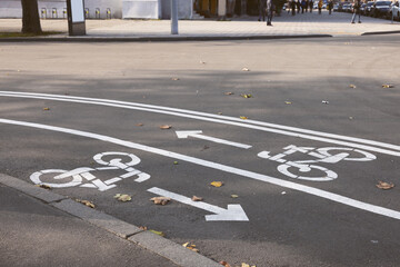 Two way bicycle lane with white signs on asphalt