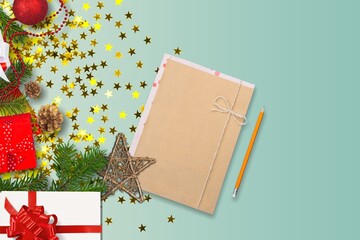 Poster - Christmas letter envelope with blank paper card, white gift box, fir branches