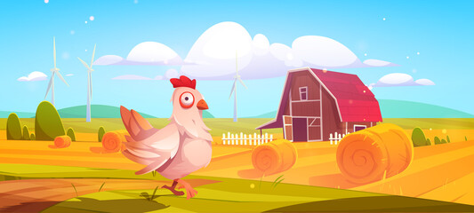 Wall Mural - Barn on farm nature rural background with chicken, hay stacks on field and eco wind mills under cloudy sky. Countryside farmland tranquil summer time or fall landscape. Cartoon vector illustration